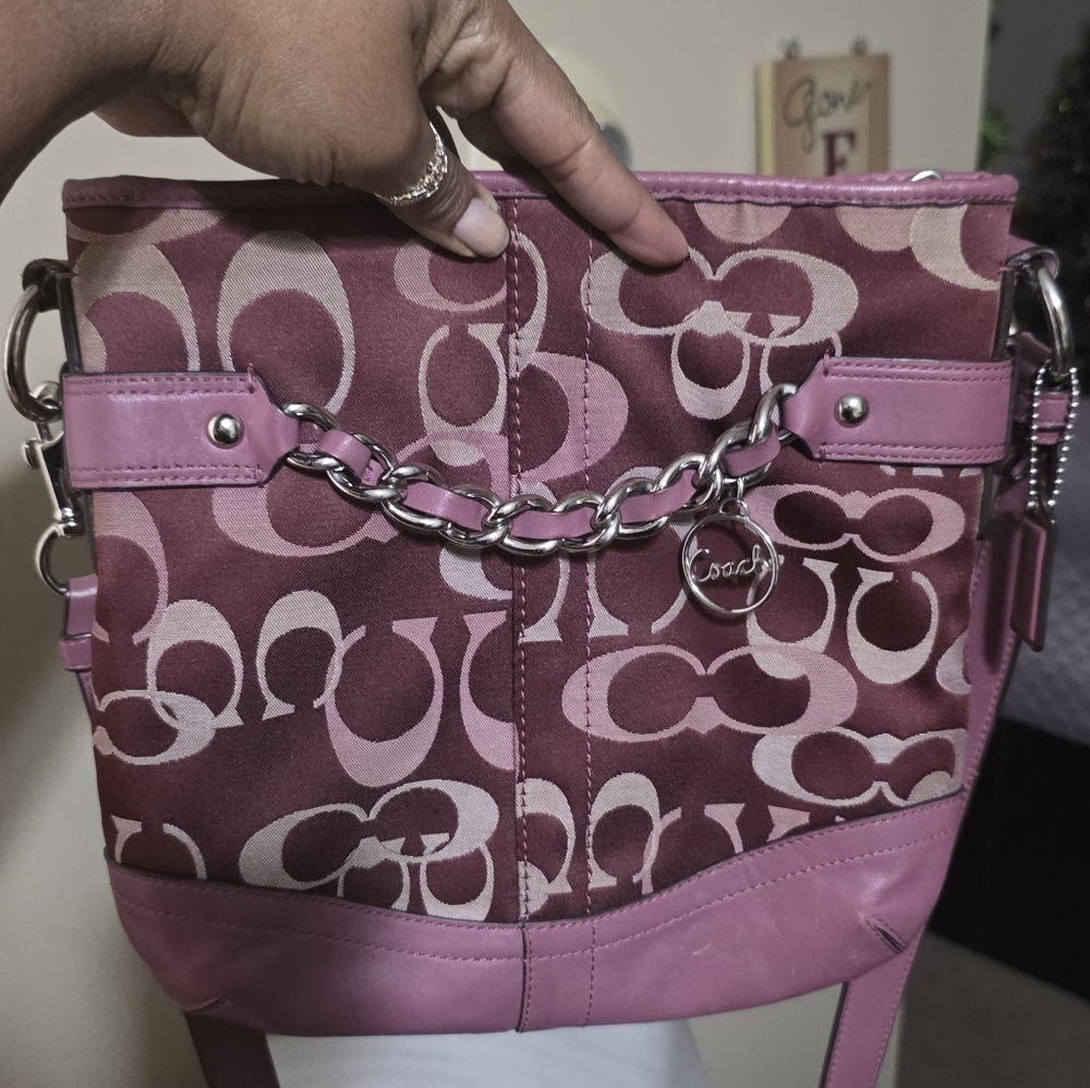 Coach Pink/burgundy Signature Chain-Accent Shoulder Bag